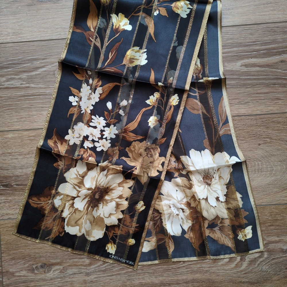 Jones New York Silk Floral Oblong Scarf - Black, Tan,‎ Gold Moody